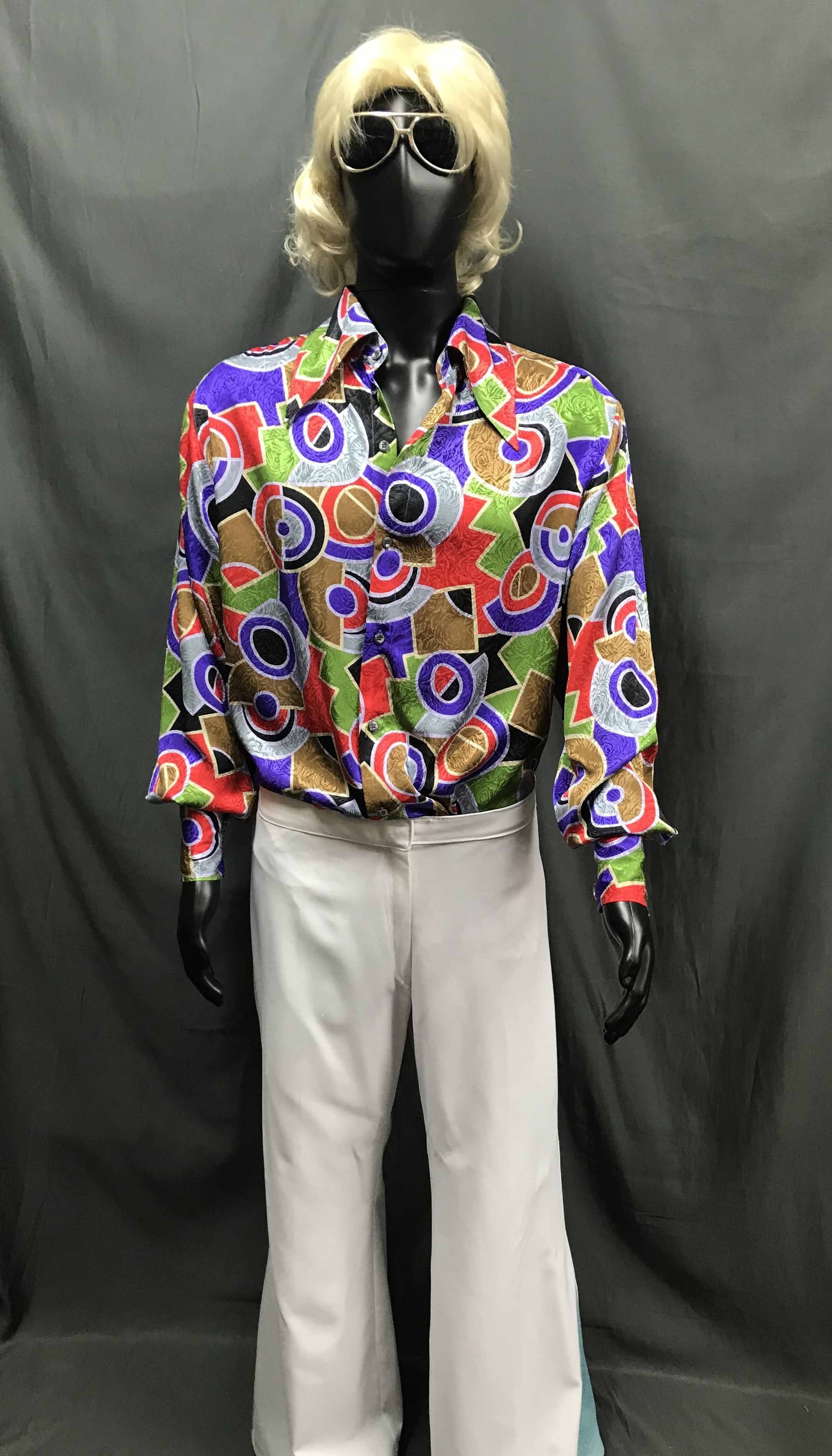 Mens Disco Costume - Multi-Pattern Shirt with White Flares - Hire
